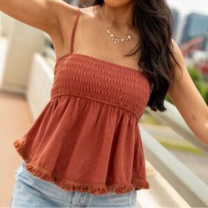 Pink Lily NWOT Women's Rust Smocked Peplum Top